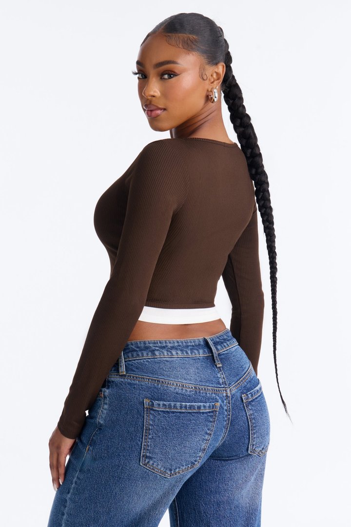 Masie Double Layered Henley Top - Chocolate