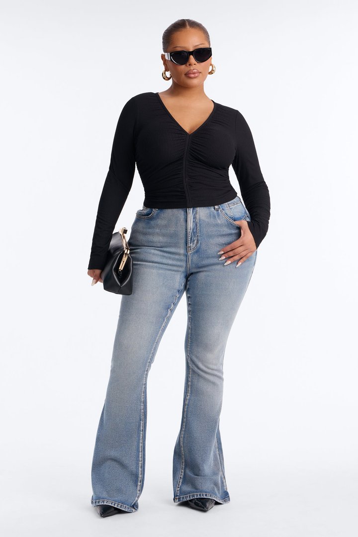 Mara Ruched Long Sleeve Top - Black