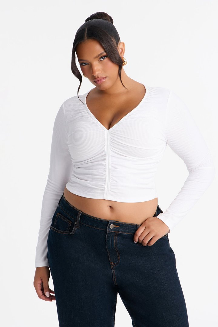 Mara Ruched Long Sleeve Top - White