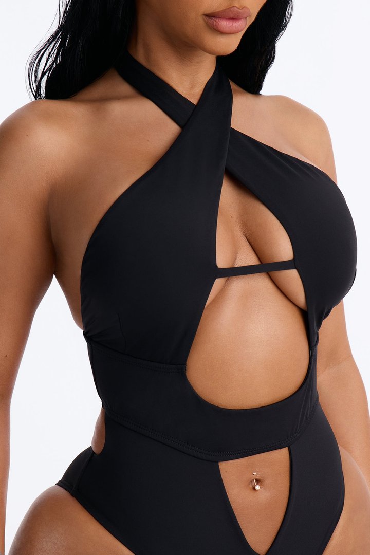 Peeking Through Halter Cut Out 1 Piece Swimsuit - Black