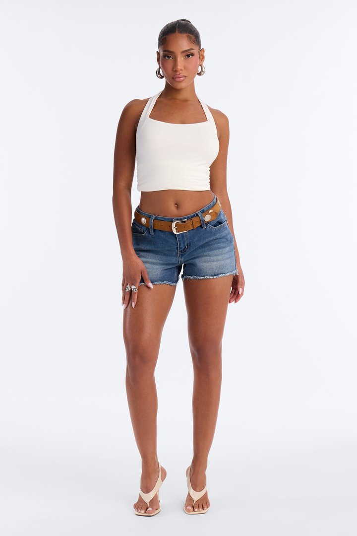 Goddess Hour Belted Cut Off Hem Denim Shorts - Vintage Wash