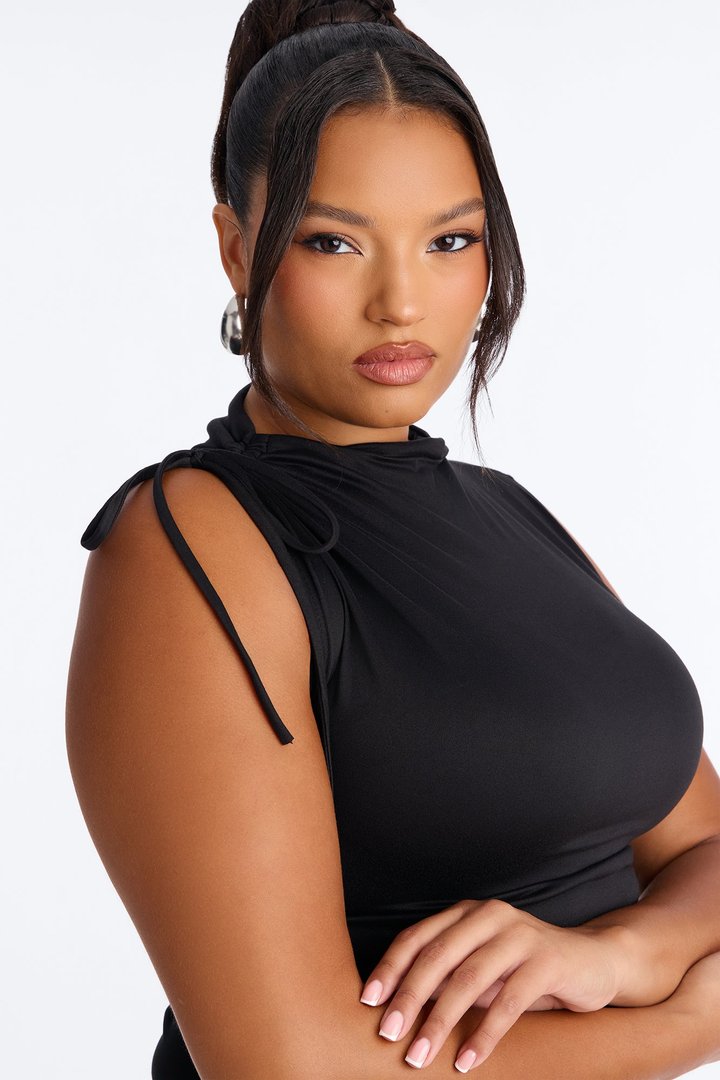 Devon Ruched Drawstring Mock Neck Top - Black