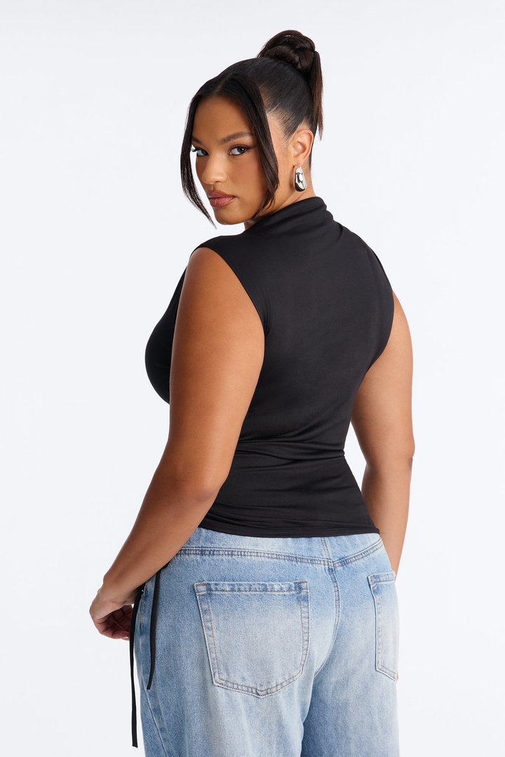 Devon Ruched Drawstring Mock Neck Top - Black