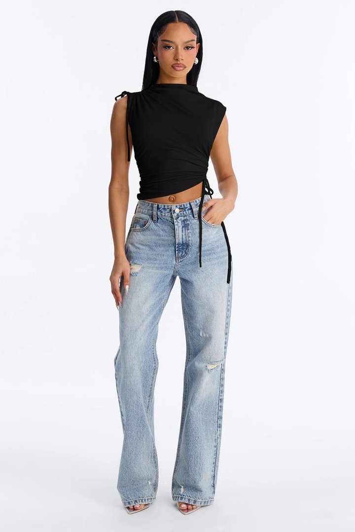 Devon Ruched Drawstring Mock Neck Top - Black