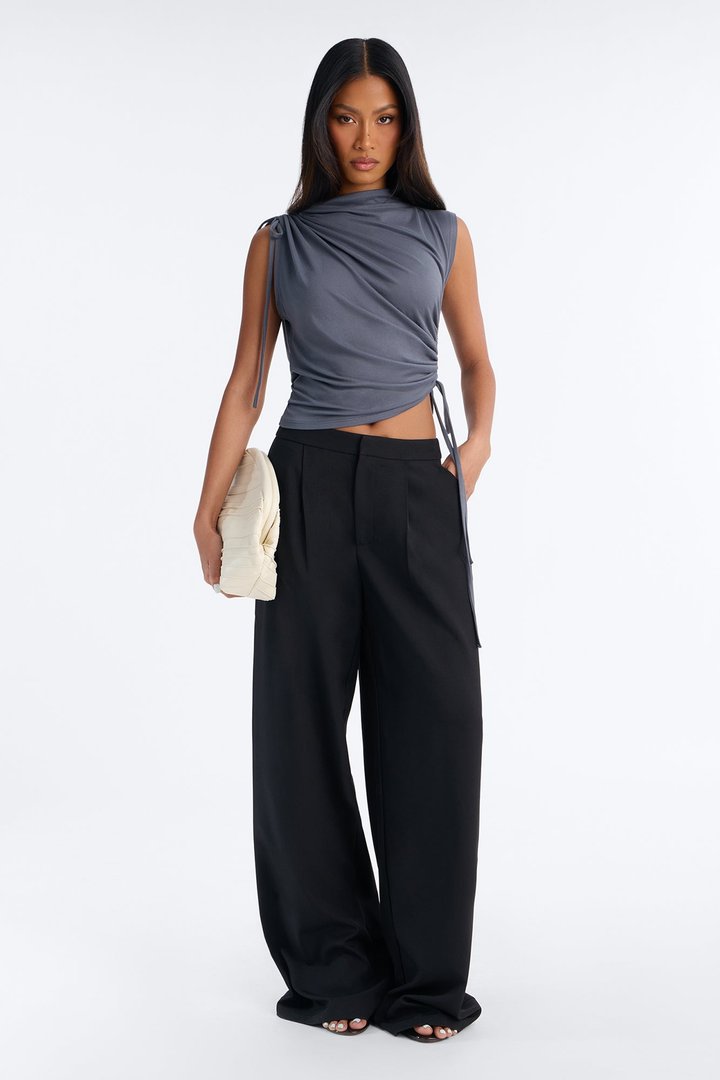 Devon Ruched Drawstring Mock Neck Top - Charcoal