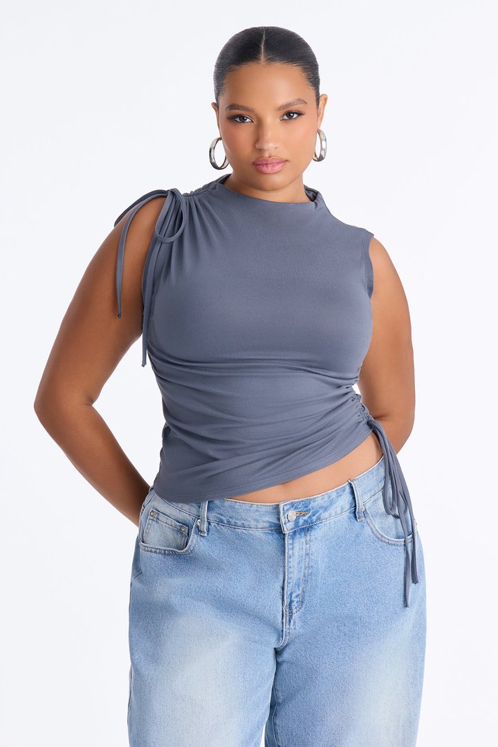 Devon Ruched Drawstring Mock Neck Top - Charcoal