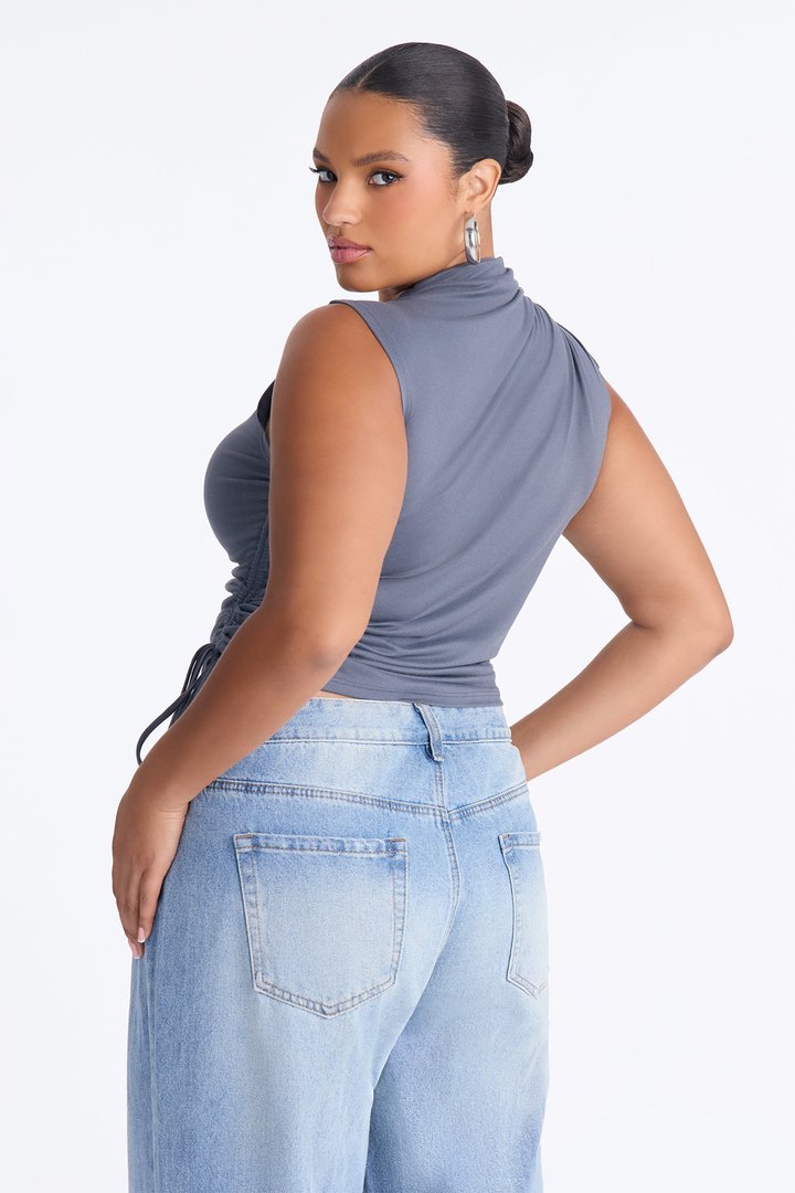 Devon Ruched Drawstring Mock Neck Top - Charcoal
