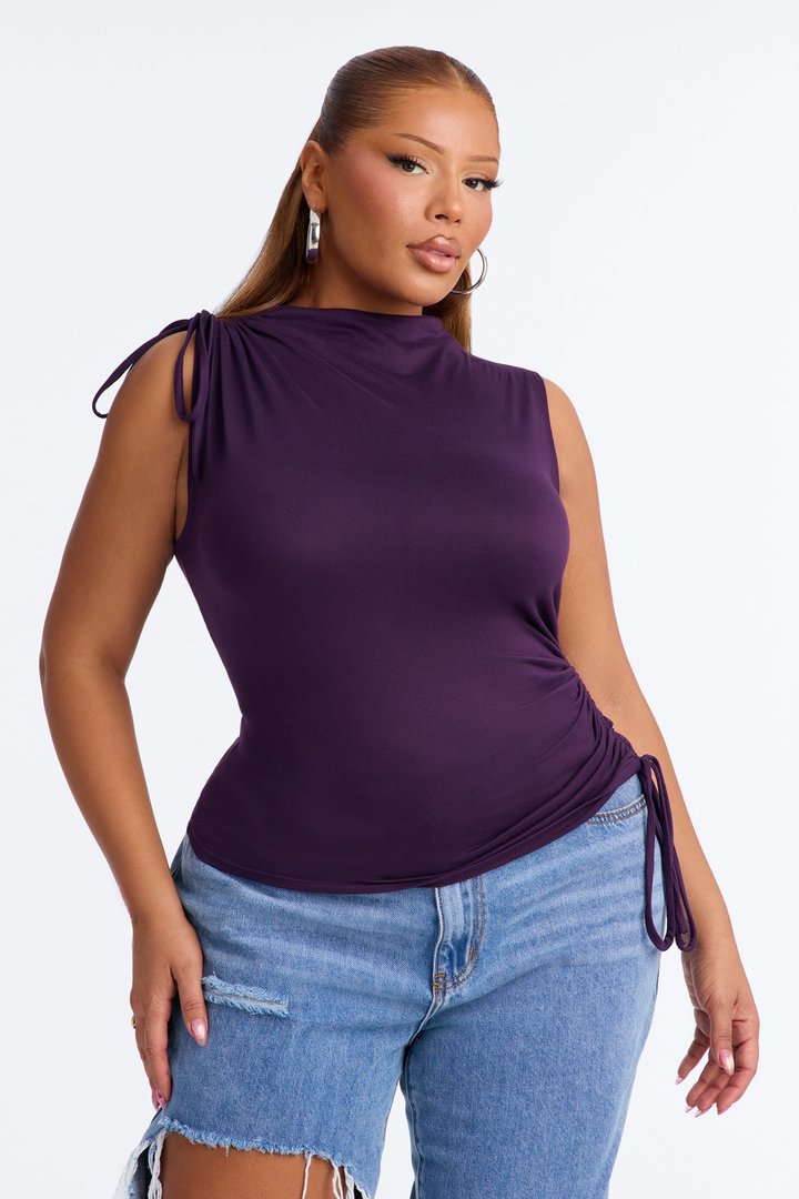 Devon Ruched Drawstring Mock Neck Top - Plum