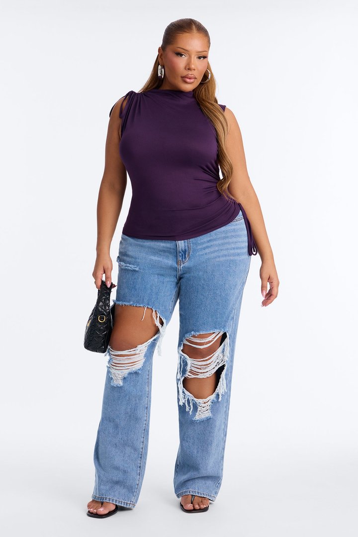 Devon Ruched Drawstring Mock Neck Top - Plum