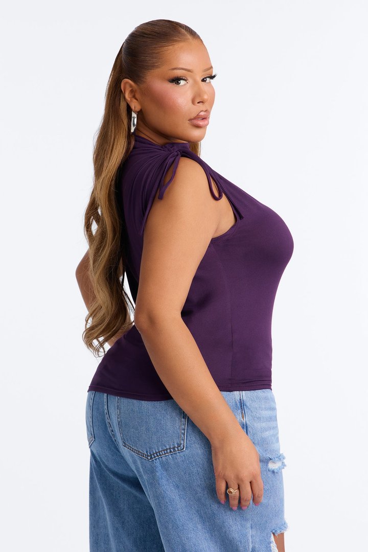 Devon Ruched Drawstring Mock Neck Top - Plum