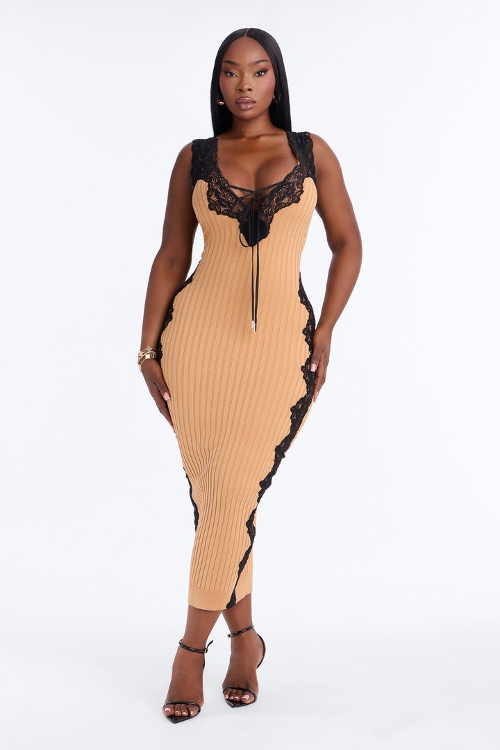 Look Twice Ribbed Midi Dress - Mocha/combo