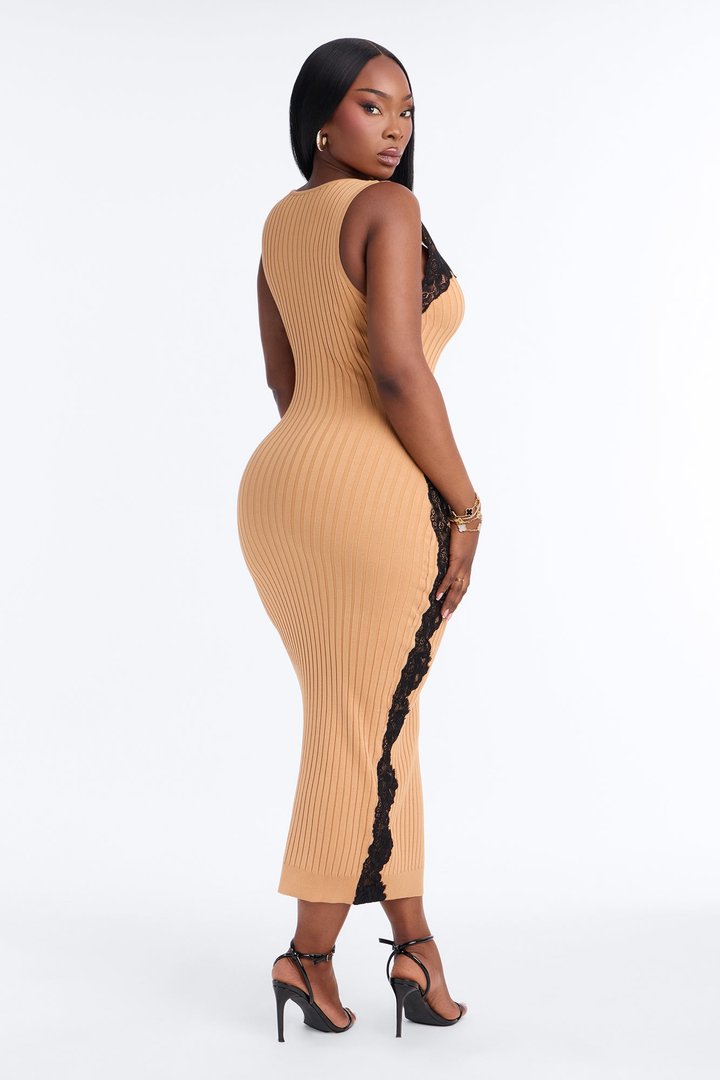 Look Twice Ribbed Midi Dress - Mocha/combo