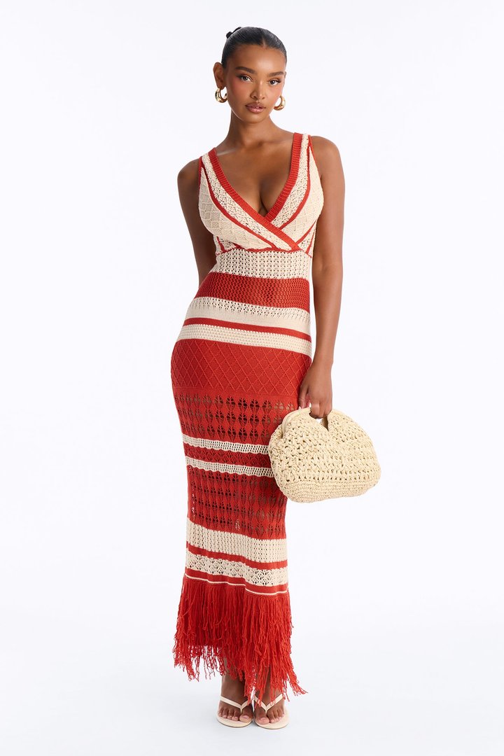 Coastal Getaway Crochet Maxi Dress - Rust/combo