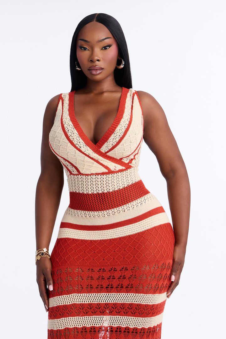 Coastal Getaway Crochet Maxi Dress - Rust/combo