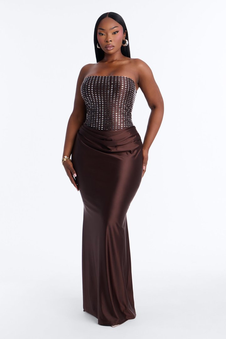 Gia Rhinestone Strapless Gown - Brown
