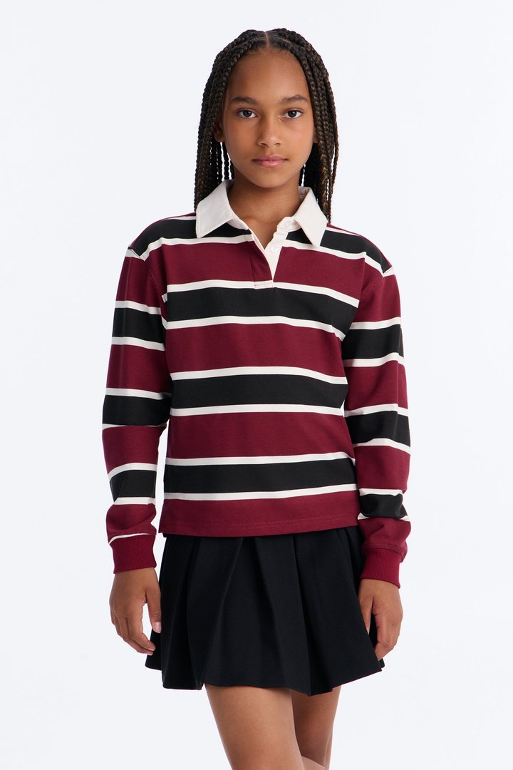 Mini Be Brave Long Sleeve Polo - Burgundy/combo