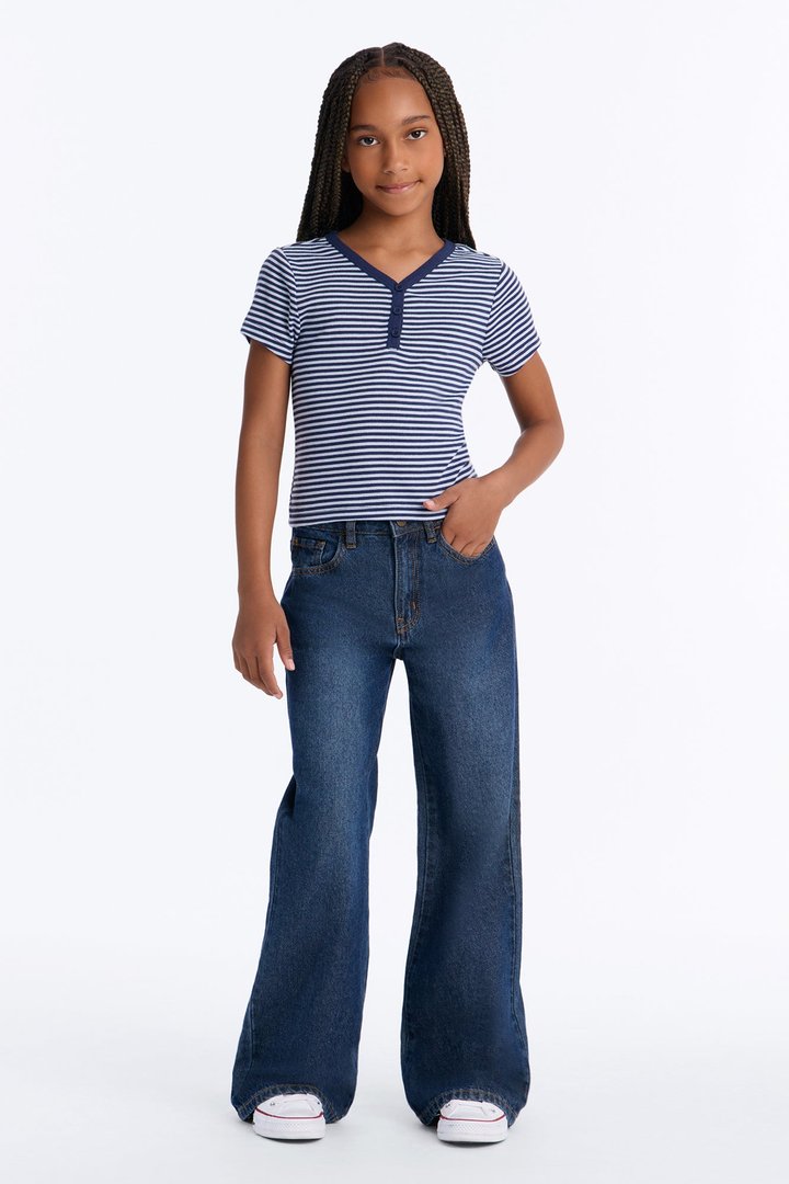 Mini Tell Me Striped Short Sleeve Henley - Blue/combo