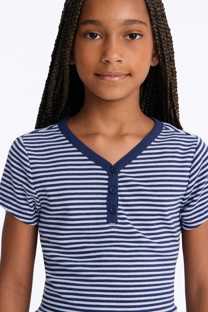 Mini Tell Me Striped Short Sleeve Henley - Blue/combo