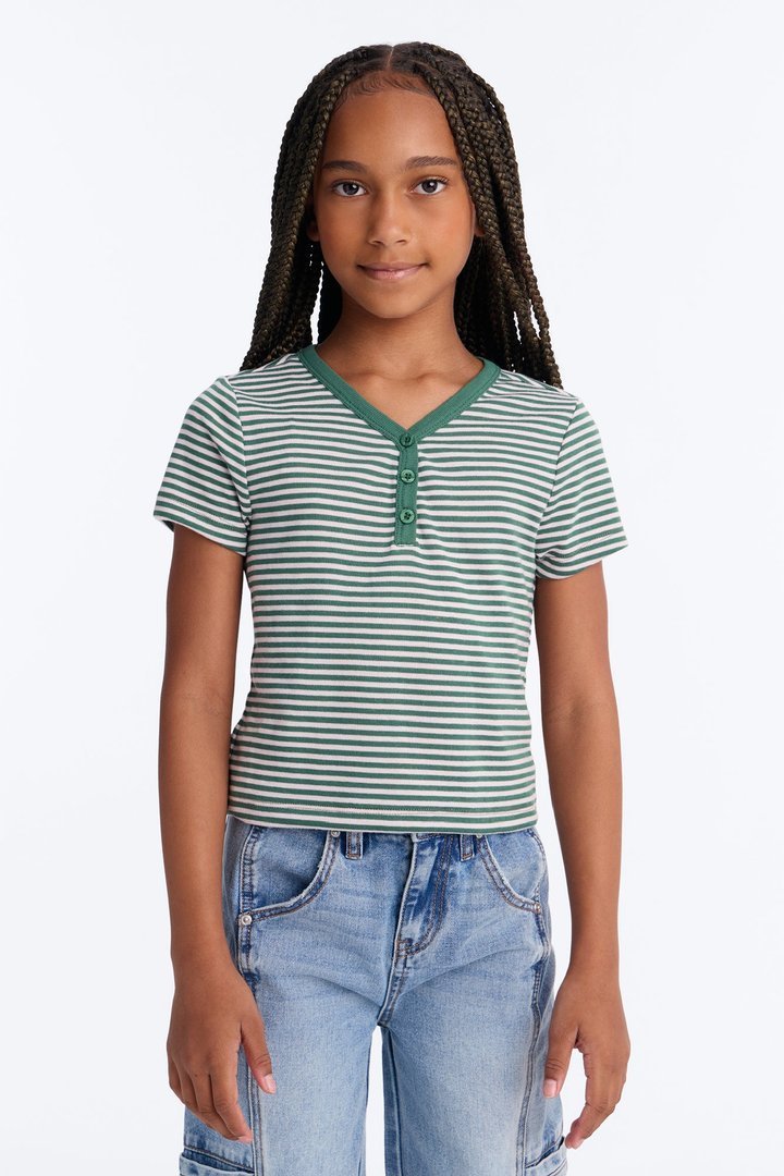 Mini Tell Me Striped Short Sleeve Henley - Pink/combo