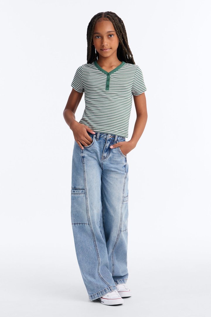 Mini Tell Me Striped Short Sleeve Henley - Pink/combo