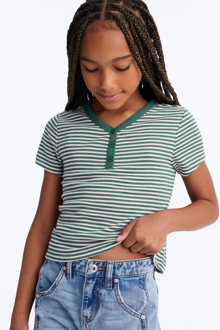 Mini Tell Me Striped Short Sleeve Henley - Pink/combo