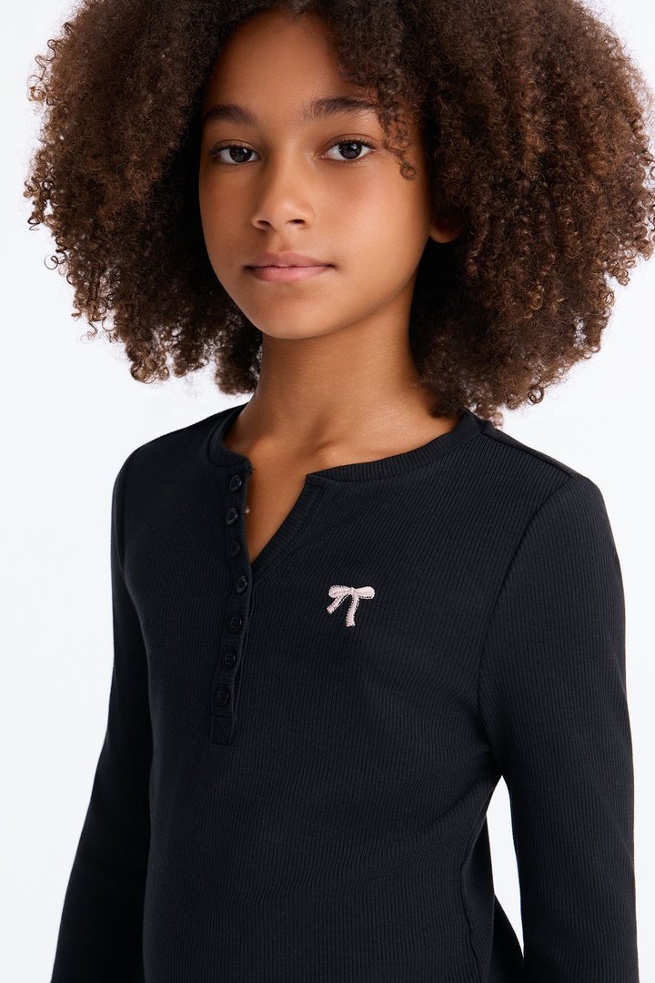 Mini See It Through Long Sleeve Henley - Black