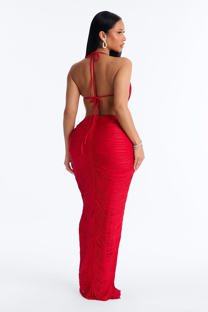 Came To Party Fringe Maxi Dress - DarkRed