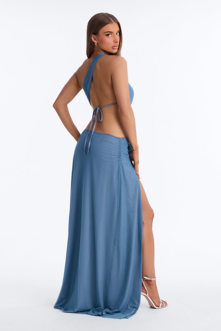 Showstopper Embellished Mesh Maxi Dress - Slate Blue
