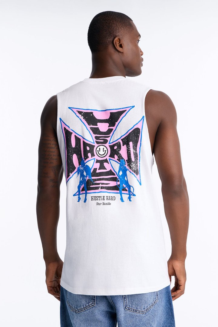 Hustle Hard Oversized Muscle Tee - White