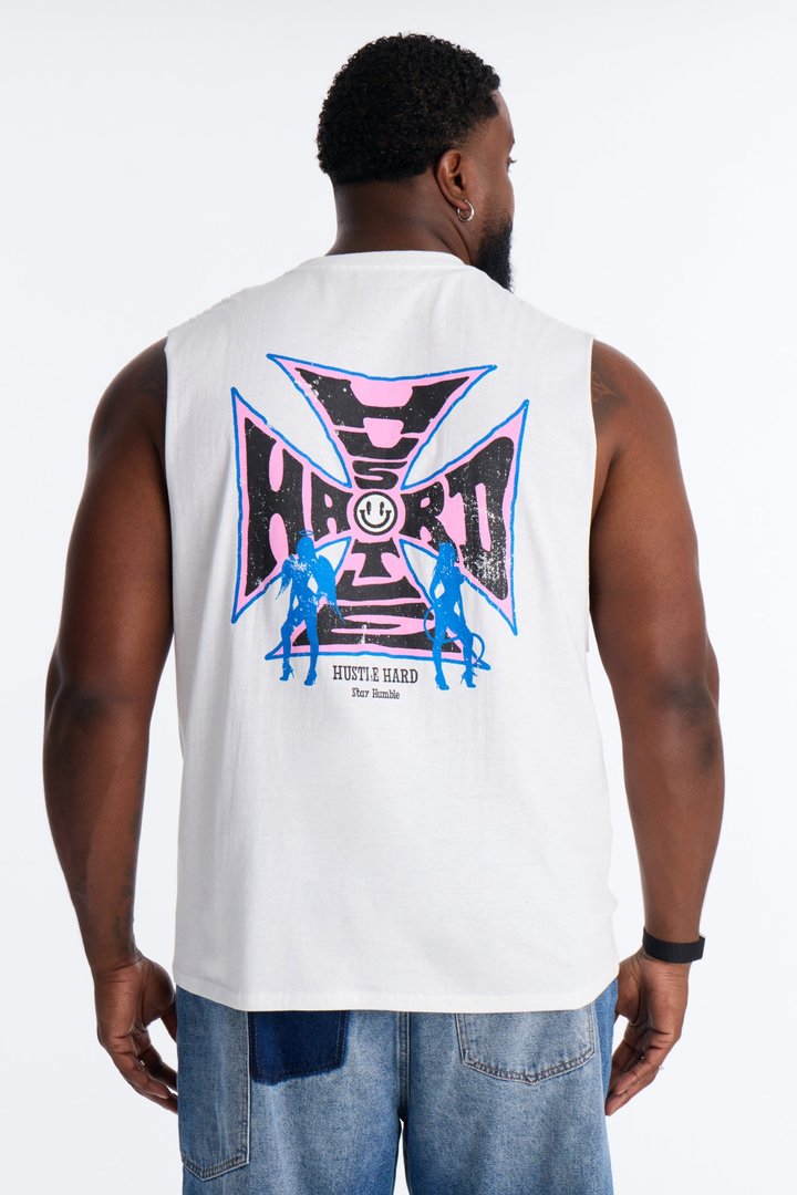 Hustle Hard Oversized Muscle Tee - White