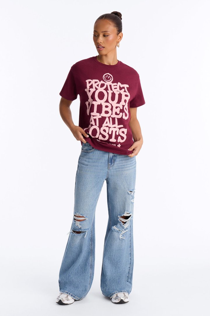 Protect Your Vibes Oversized Tee - Burgundy