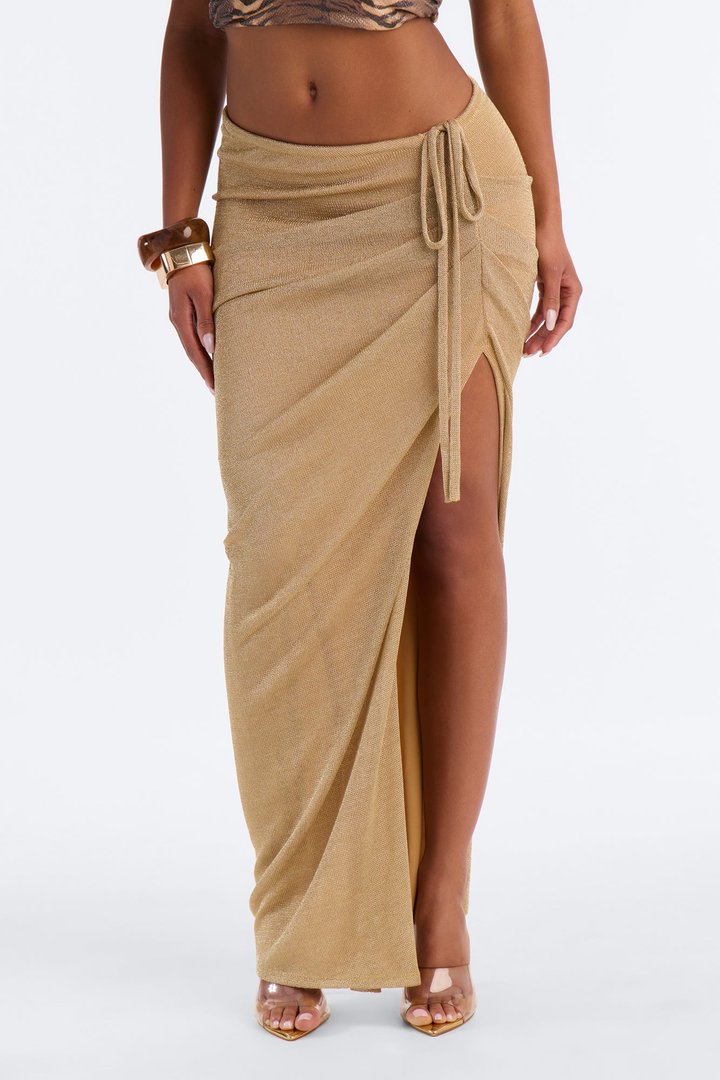 Midnight In Mallorca Metallic Ruched Maxi Skirt - Gold