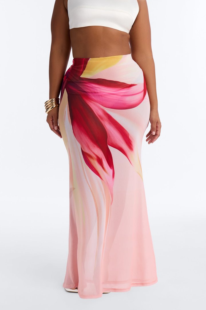 Soleil Sheer Floral Mesh Maxi Skirt - Pink/combo