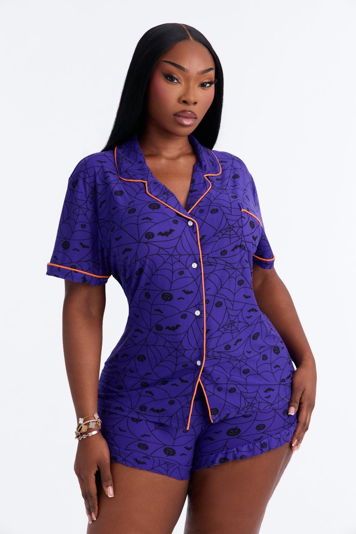 Caught In My Web Halloween PJ Short Set - Purple