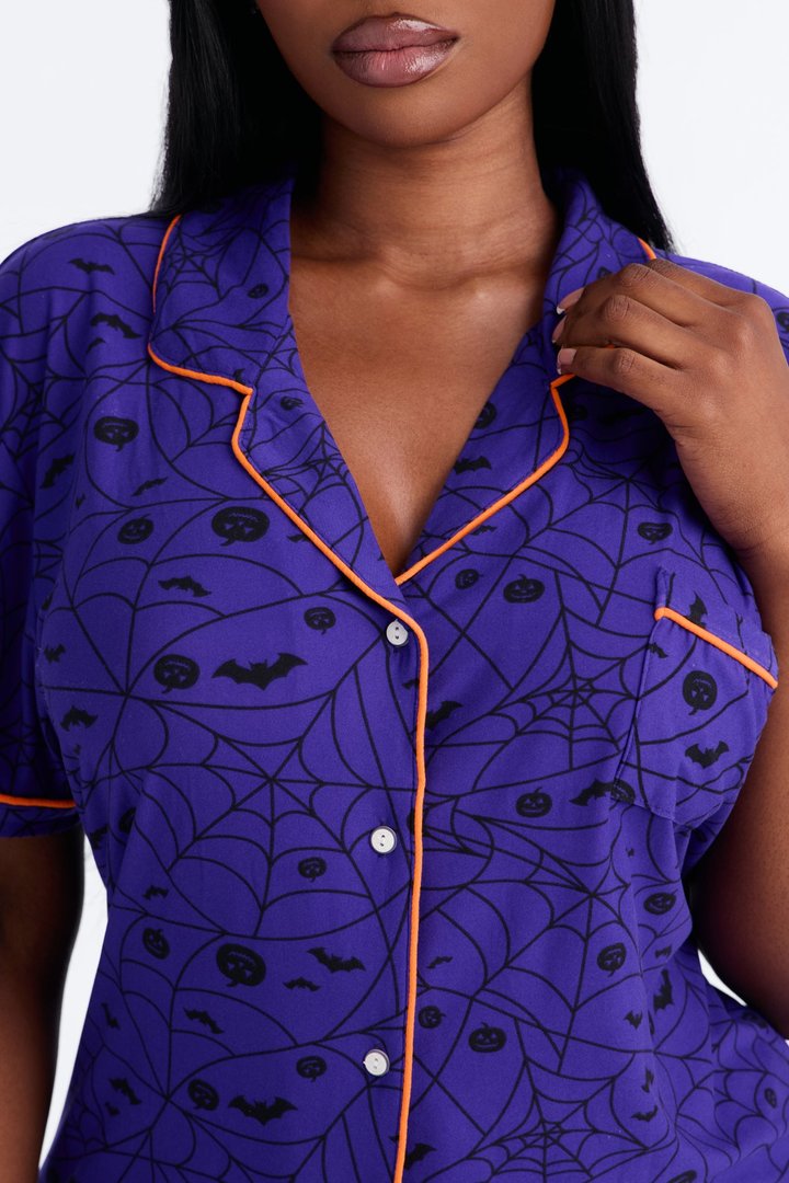Caught In My Web Halloween PJ Short Set - Purple
