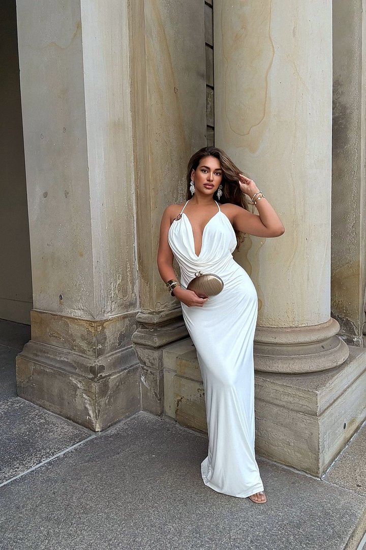 Sabrina Hardware Cowl Neck Maxi Dress - White