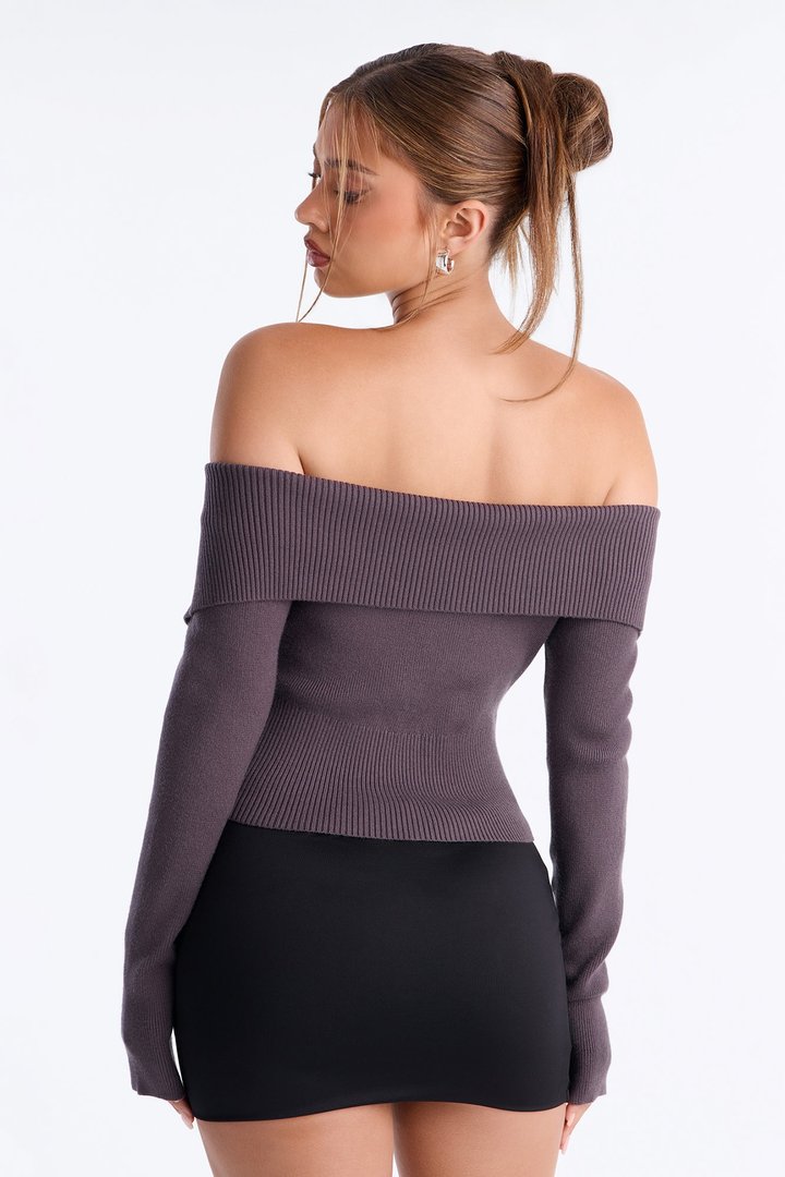 Say My Name Off Shoulder Sweater - Charcoal