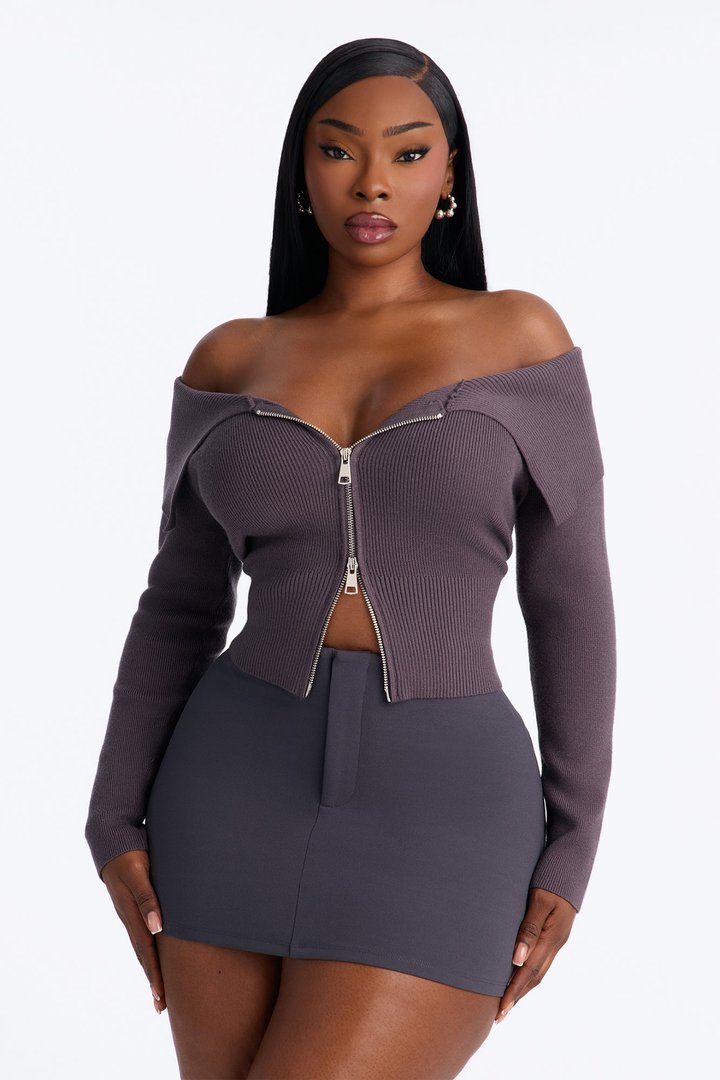 Say My Name Off Shoulder Sweater - Charcoal