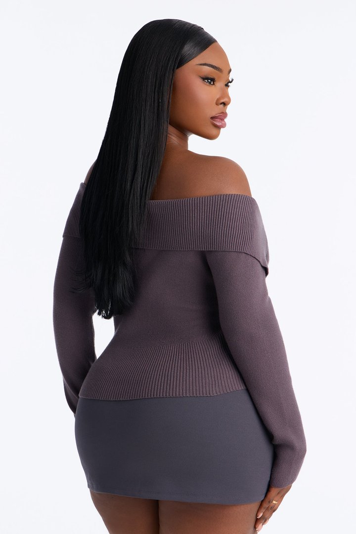 Say My Name Off Shoulder Sweater - Charcoal