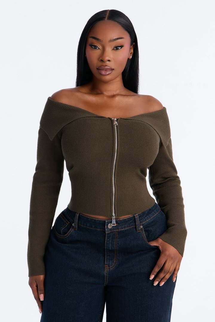 Say My Name Off Shoulder Sweater - Olive