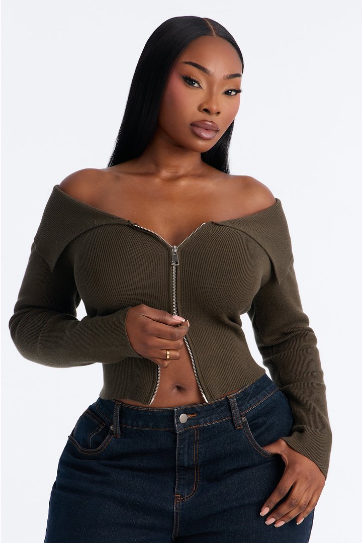 Say My Name Off Shoulder Sweater - Olive