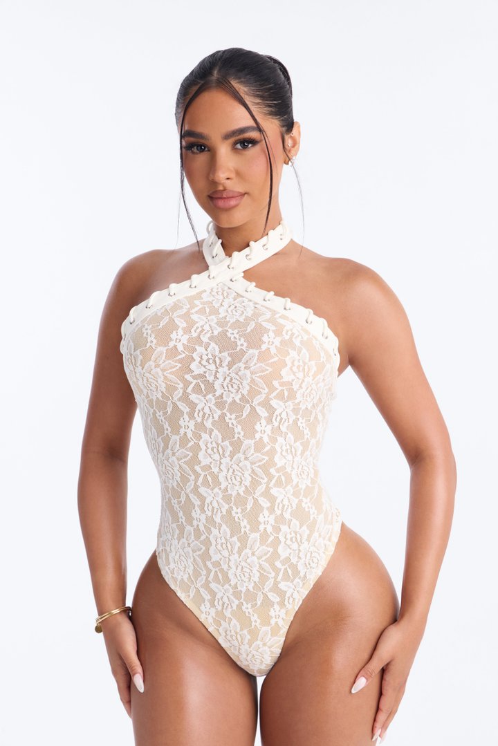 Sweet Temptation Lace Halter Bodysuit - White