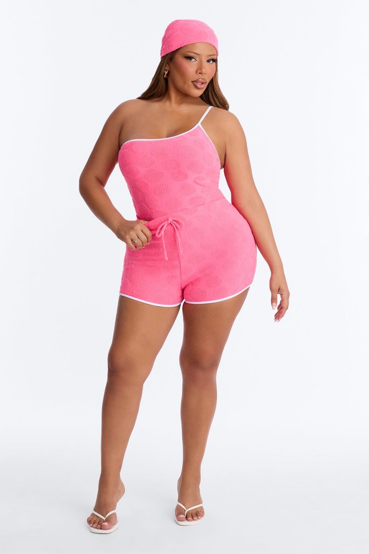 Lover Girl Terry Cloth 1 Piece Swimsuit With Headscarf & Cover Up Shorts Sunsuit - Hot Pink