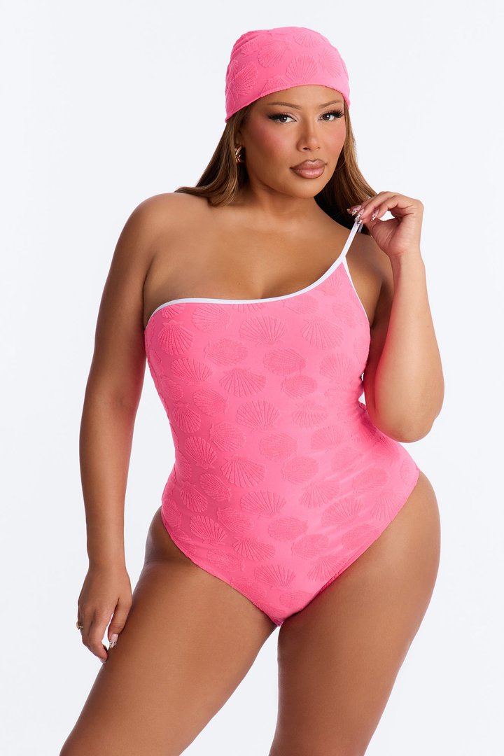 Lover Girl Terry Cloth 1 Piece Swimsuit With Headscarf & Cover Up Shorts Sunsuit - Hot Pink