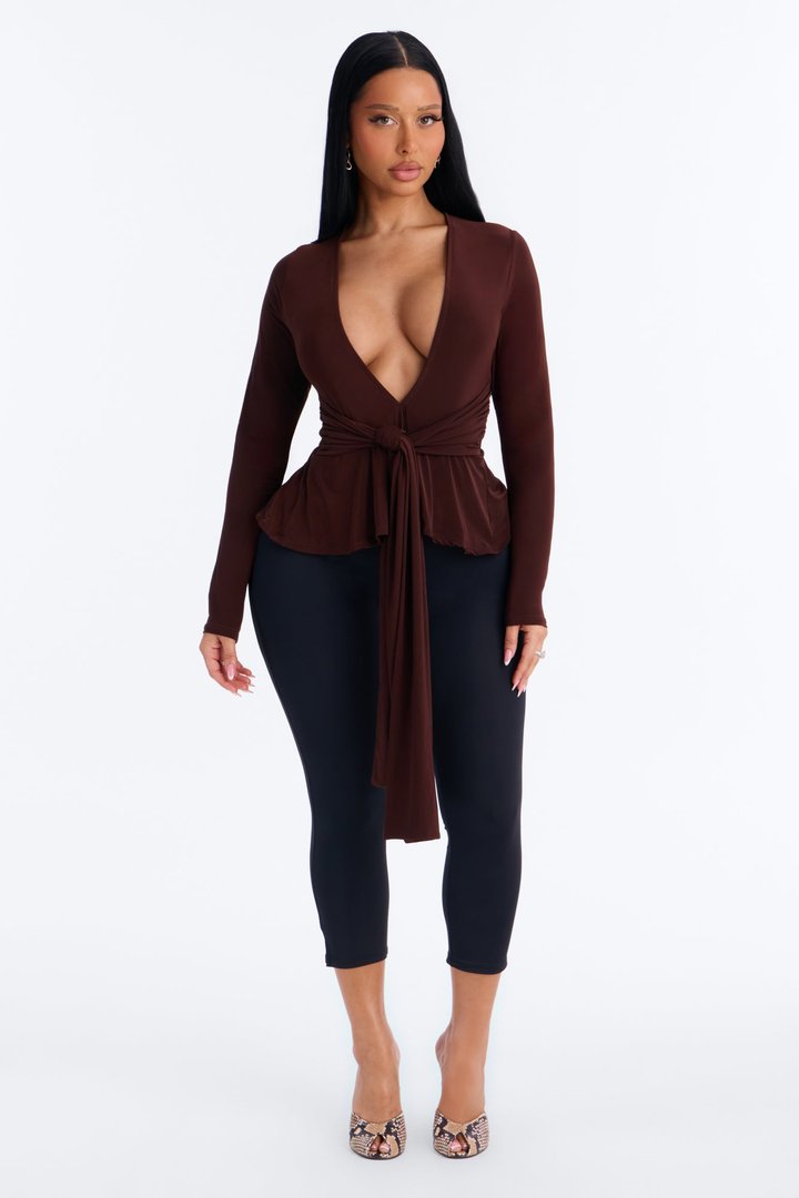 Giulia Deep V Neck Drape Long Sleeve Top - Chocolate