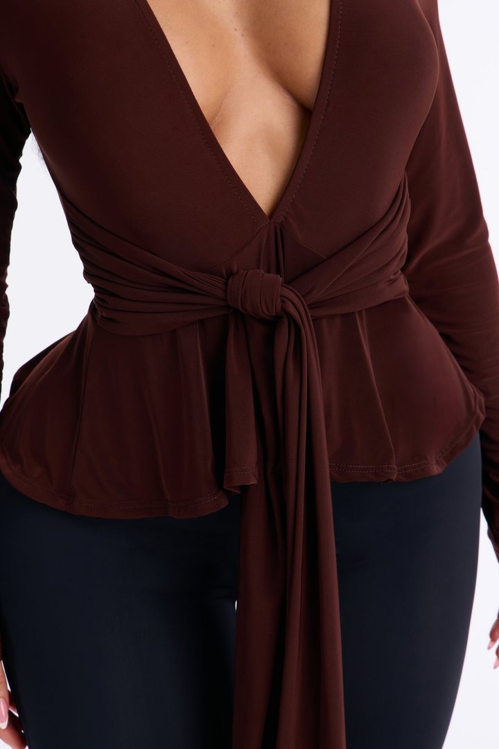 Giulia Deep V Neck Drape Long Sleeve Top - Chocolate