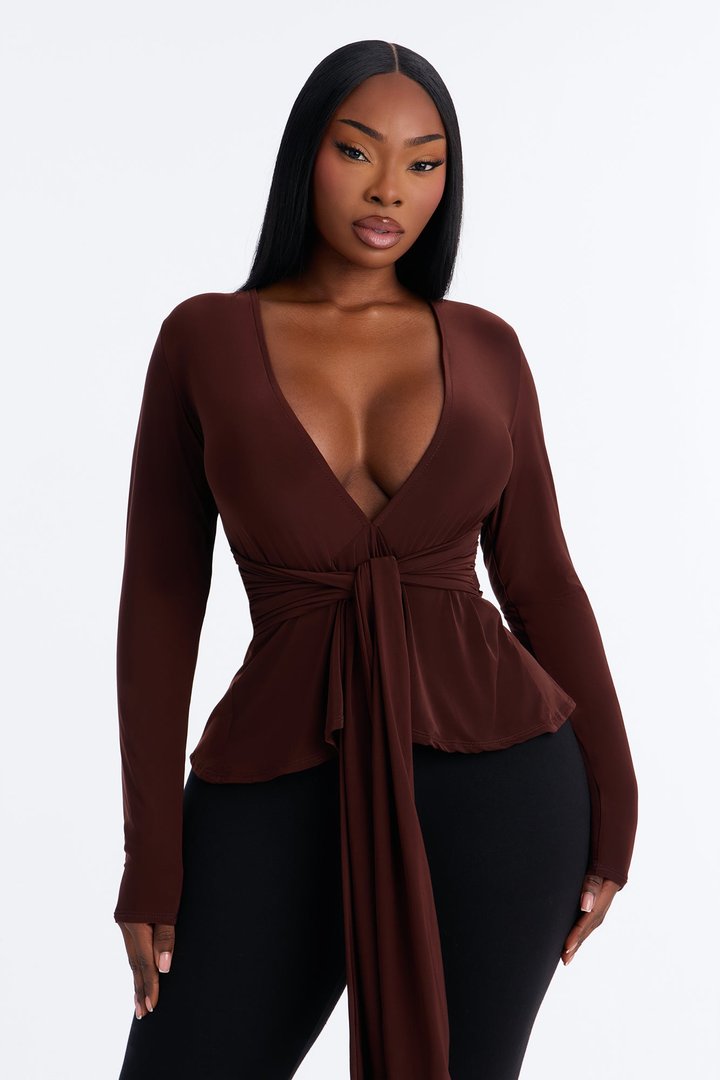 Giulia Deep V Neck Drape Long Sleeve Top - Chocolate