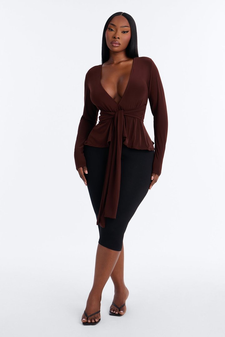 Giulia Deep V Neck Drape Long Sleeve Top - Chocolate