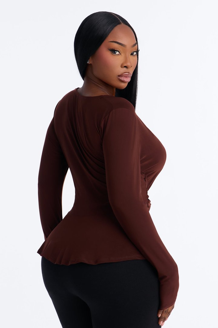 Giulia Deep V Neck Drape Long Sleeve Top - Chocolate