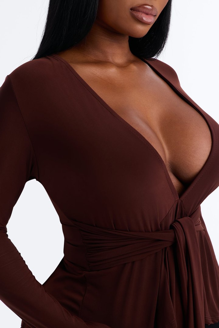 Giulia Deep V Neck Drape Long Sleeve Top - Chocolate